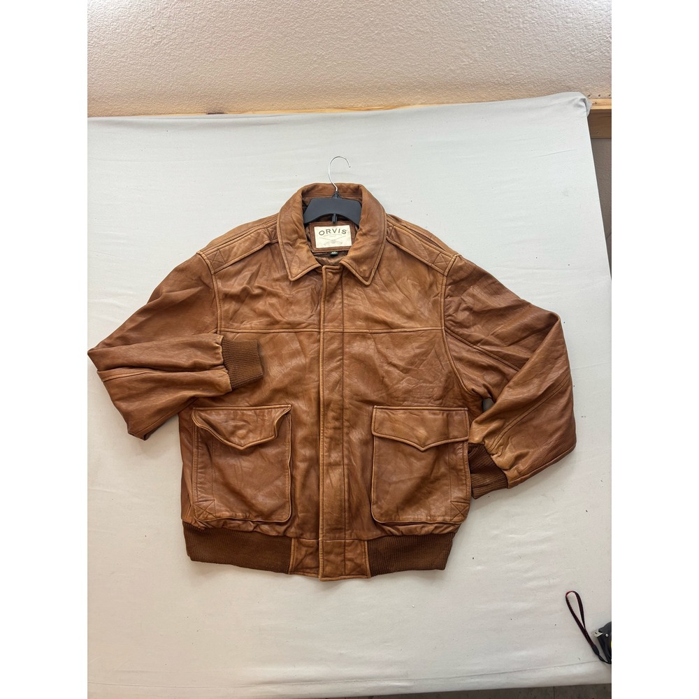 Orvis Mens Leather Bomber Jacket Brown Flight A-2 Style XXL Full Zip Pocket